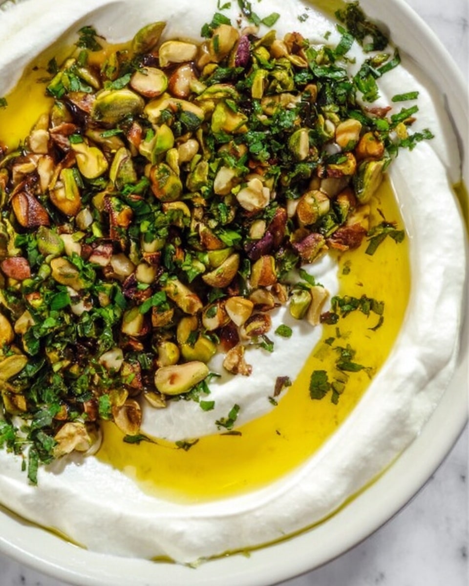 The image shows a bright blue plate with a red edge holding a dish made of three parts. On the left side, there is a thick, white creamy spread with swirls on top, covered in golden olive oil, red chili flakes, chopped green herbs, and toasted nuts. On the right side of the plate, there are several light brown toasted pita bread triangles arranged in a pile. At the bottom center, a small bunch of fresh green parsley leaves adds color contrast. The plate sits on a white marbled surface photo taken with an iphone --ar 4:5 --v 7