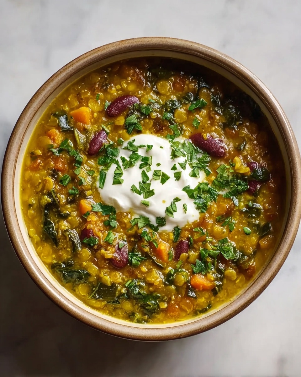 A bowl of thick soup filled with small yellow lentils and pieces of cooked vegetables such as green spinach leaves, orange carrots, and brown beans, all mixed in a yellowish broth. The soup is topped with a dollop of smooth white cream or yogurt in the center. Finely chopped green herbs are sprinkled over the top, adding a fresh look. The bowl is white with a light brown rim and placed on a white marbled surface. photo taken with an iphone --ar 4:5 --v 7