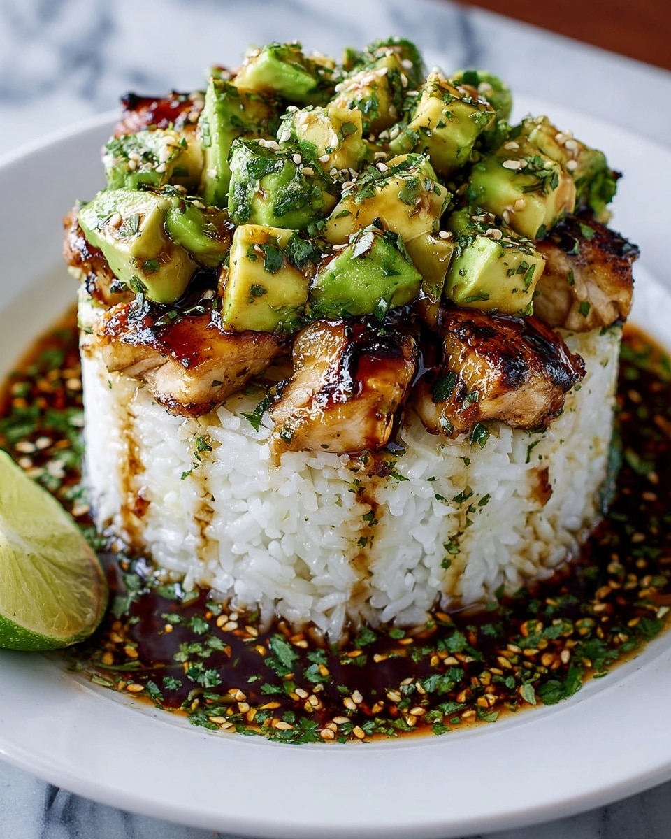 The dish is arranged in three main layers stacked neatly on a white plate, set on a white marbled surface. The bottom layer is a thick, compact mound of white rice with a slightly sticky texture, speckled lightly with green herbs. Sitting directly above is a layer of golden-brown grilled chicken pieces with a crisp, caramelized surface, showing hints of char and speckled with green herbs, covered in a shiny, rich brown sauce that also pools around the base of the rice. The top layer consists of fresh avocado slices fanned out in a neat row, bright green and smooth, lightly seasoned with seasoning and small sesame seeds. The whole stack is garnished with a sprinkle of finely chopped green herbs and a glossy drizzle of sauce, adding a vibrant and appetizing finish. Photo taken with an iphone --ar 4:5 --v 7