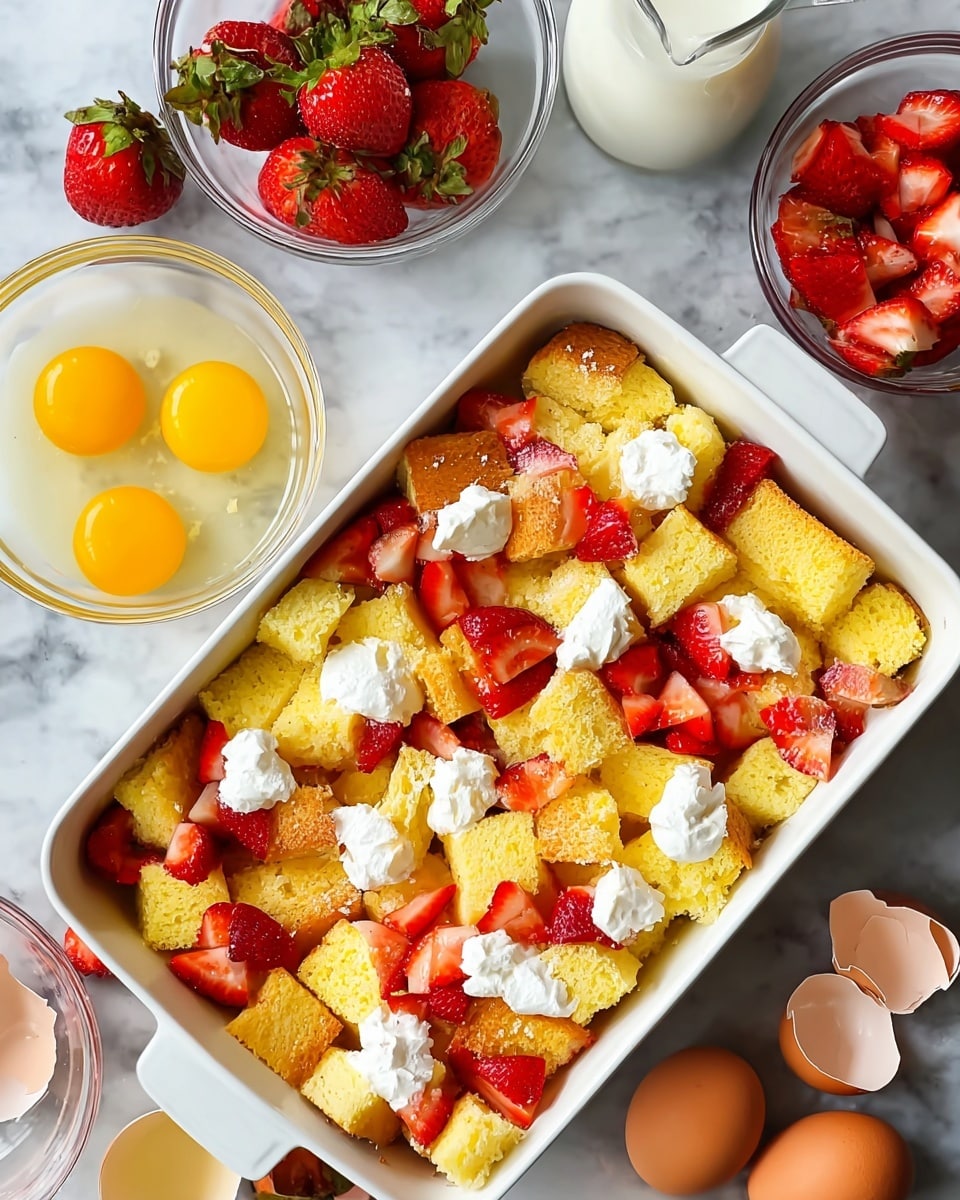A white rectangular baking dish filled with a layered mix of yellow cake cubes, red sliced strawberries, and small dollops of white cream spread evenly on top. Around the dish, on a white marbled surface, there are whole fresh strawberries, a clear glass bowl showing eight cracked raw eggs with bright yellow yolks, a smaller clear bowl with more sliced strawberries, broken eggshells, and a glass measuring cup filled with white milk. The colors are bright and fresh, with a mix of yellow, red, and white, and the textures range from soft cake to smooth cream and juicy strawberries. Photo taken with an iphone --ar 4:5 --v 7