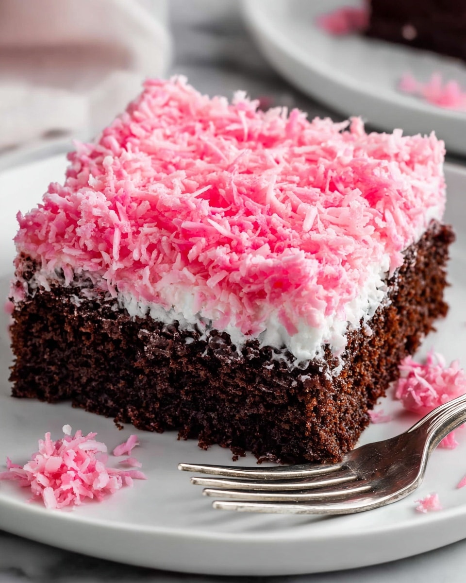 A square piece of chocolate cake with two clear layers sits on a white plate with a silver fork next to it. The bottom layer is a thick, dark brown, moist cake, while the top layer is a thick spread of white frosting covered with bright pink shredded coconut, giving a fluffy textured look. A few pieces of pink coconut are scattered on the white marbled surface around the plate. The photo is close up, showing the cake’s rich and soft texture. photo taken with an iphone --ar 4:5 --v 7