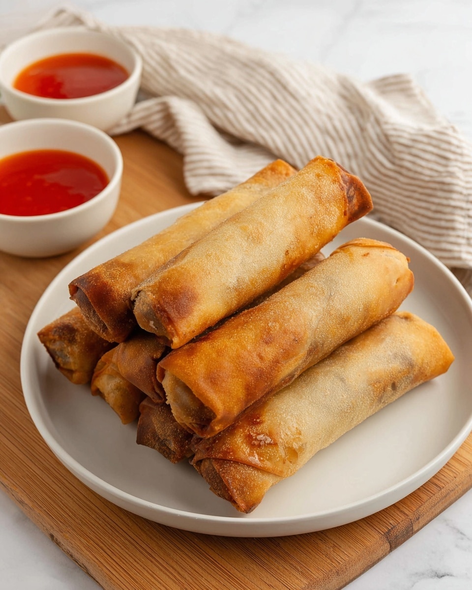 A white round plate holds six golden brown spring rolls stacked in two layers, three on the bottom and three neatly on top. The rolls are crispy with slightly uneven browning on the surface, showing their crunchy texture. Next to the plate, there are two small white bowls filled with bright red dipping sauce, sitting on a wooden board. In the background, a beige and white striped cloth is softly folded, all placed on a white marbled surface. photo taken with an iphone --ar 4:5 --v 7