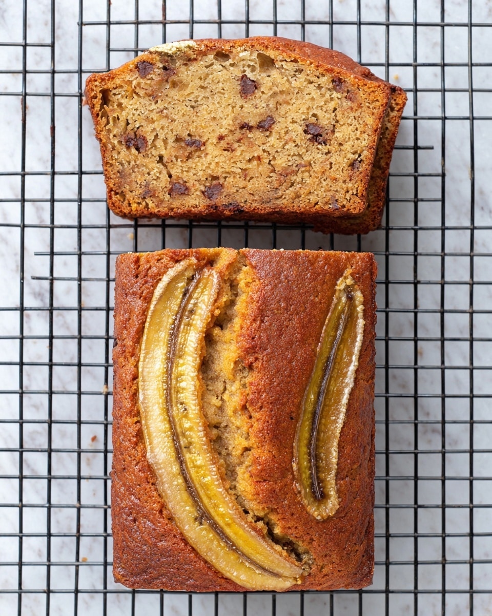 Two slices of banana bread sit stacked on a wooden board with a white marbled background. The bread shows a golden brown crust and a dense, light brown interior dotted with small dark chocolate chips. On top of the upper slice, visible banana pieces with a slightly caramelized look add texture and color contrast with their yellow and brown tones. The edges appear moist and soft, while the crust looks firm and baked to a golden finish. photo taken with an iphone --ar 4:5 --v 7