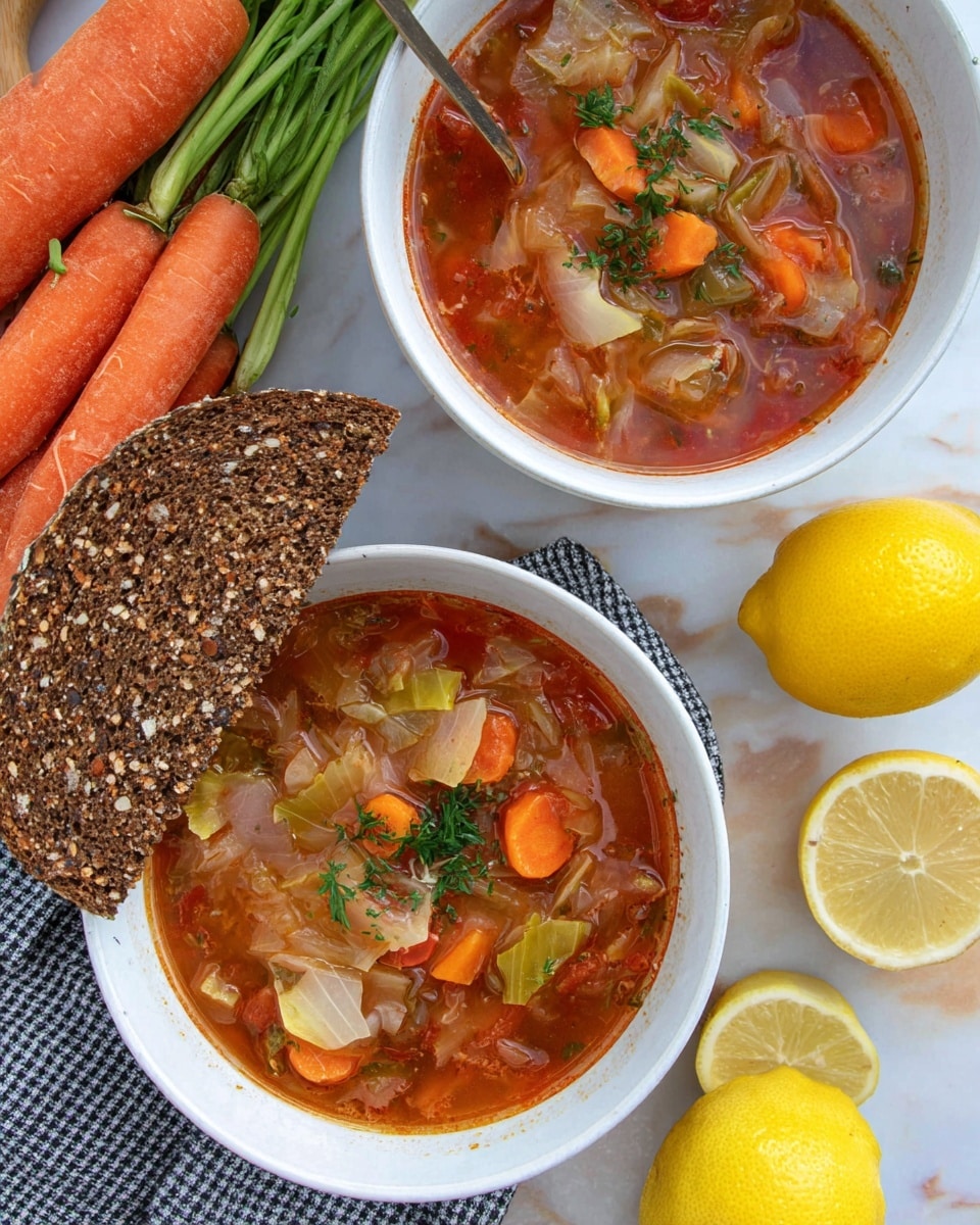 Two white bowls filled with a red, clear vegetable soup are shown from above. The soup contains light orange carrot chunks, pale green cabbage pieces, and small green herb leaves sprinkled on top. One bowl has a dark brown slice of seed-studded bread resting on its edge. Around the bowls, there are whole bright orange carrots, two yellow lemons, a section of celery root, and a lemon half on a white marbled surface. A checked cloth is partly visible under one bowl. photo taken with an iphone --ar 4:5 --v 7