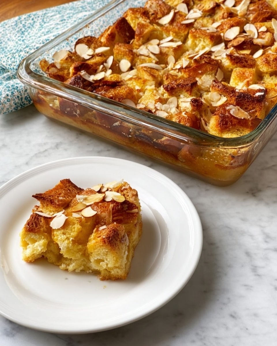 The image shows a baked bread pudding with a golden, crispy top layer made of uneven bread cubes with lightly toasted edges sprinkled with sliced almonds. The pudding is in a clear glass baking dish placed on a white marbled surface, with a single square piece served on a white plate in front. The bread cubes on the plate have a similar golden toasted texture, and the pudding looks soft and moist underneath the crust. The sliced almonds add a touch of texture and contrast in color on top. Photo taken with an iphone --ar 4:5 --v 7