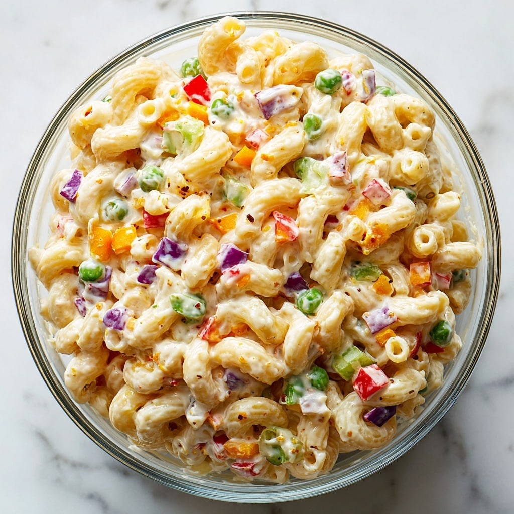 A clear glass bowl sits on a wooden table with multiple layers of colorful ingredients arranged neatly. The bottom layer is pale beige elbow macaroni pasta. On top of the pasta, there are finely chopped bright red bell peppers, followed by small cubes of vivid orange cheese to one side. Next to the cheese are small round green peas, and beside them are light purple diced red onions. Also visible are pieces of pale green celery. A woman's hand pours a creamy, speckled white dressing with a thick texture over the ingredients. In the background, there are blurred white bowls stacked on a white marbled surface with a white cloth casually placed nearby. photo taken with an iphone --ar 4:5 --v 7