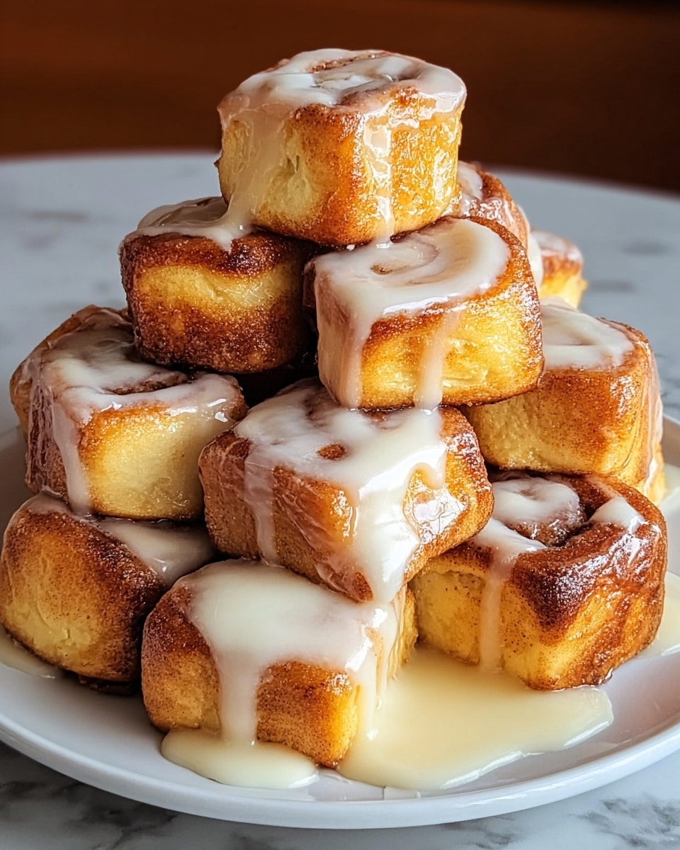 A pile of small cinnamon rolls stacked in a pyramid shape on a white plate. Each roll is golden brown with a slightly crispy outside and soft inside, coated generously with creamy white icing that drips down the sides and pools around the base of the rolls. The rolls show visible cinnamon marks swirled inside. The plate is set on a white marbled surface. Photo taken with an iphone --ar 4:5 --v 7