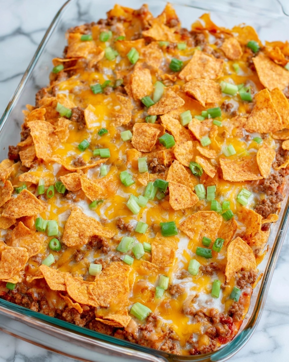 The image shows a close-up of a cheesy, layered casserole being served with a spatula. The top layer is bright orange melted cheese mixed with crunchy yellow corn chips, sprinkled with small pieces of green onion. Below that is a mix of cooked ground meat and soft diced tomatoes in a creamy sauce, with some beans visible in the middle. The base layer is made up of more corn chips mixed with bits of meat and cheese. The casserole sits in a clear dish on a white marbled surface, and some melted cheese stretches as the portion is lifted. photo taken with an iphone --ar 4:5 --v 7