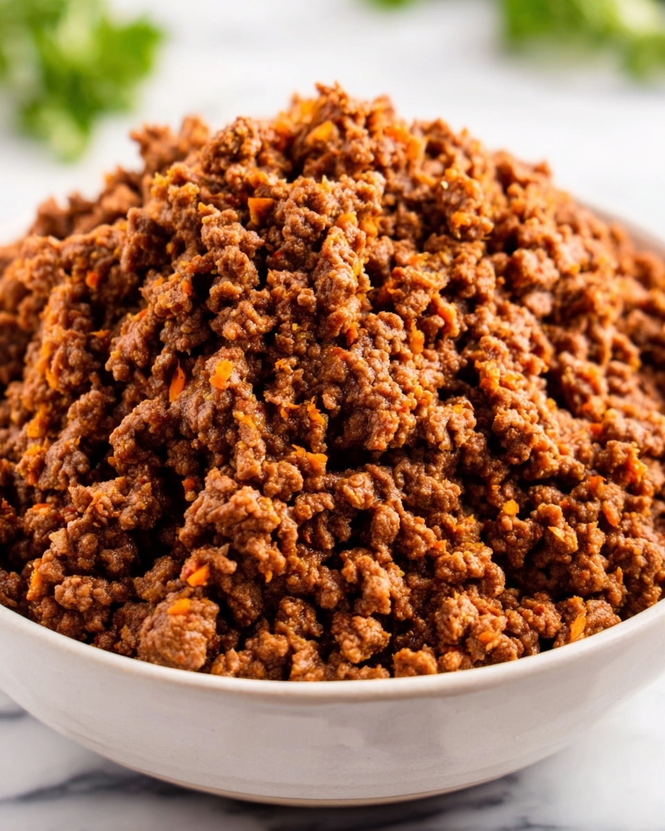 A close-up image shows a black cast iron skillet filled with cooked ground beef that is crumbly and brown, with some bits darker from cooking. A smooth, wooden spatula with a woman's hand holding it rests on the skillet, partially lifting some ground beef. The skillet is placed on a white marbled surface. photo taken with an iphone --ar 4:5 --v 7