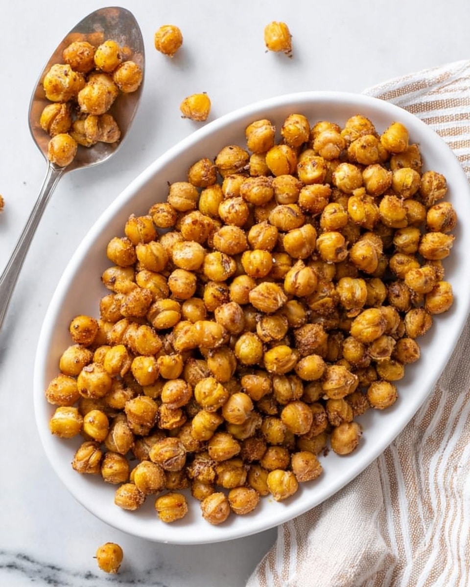 A white oval plate filled with a single layer of golden roasted chickpeas that have a slightly rough texture and a light dusting of seasoning, showing some uneven browning. Next to the plate is a silver spoon resting on a white marbled surface with a few roasted chickpeas inside, and additional chickpeas scattered nearby. A beige and white striped cloth partially peeks from under the plate. photo taken with an iphone --ar 4:5 --v 7
