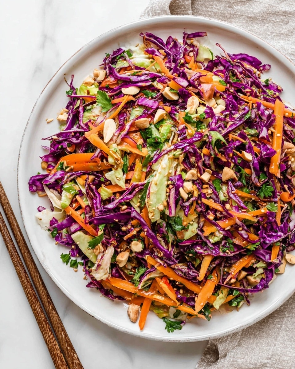 A white plate filled with a vibrant cold salad consisting of thin strips of bright purple cabbage and orange carrots mixed evenly throughout. Small pieces of light green lettuce and fresh parsley leaves add contrast, while tiny beige chopped nuts are sprinkled on top giving a crunchy texture. The salad looks fresh and lightly dressed, with all ingredients visible and neatly tossed together. The plate rests on a white marbled surface beside a pair of wooden chopsticks. Photo taken with an iphone --ar 4:5 --v 7