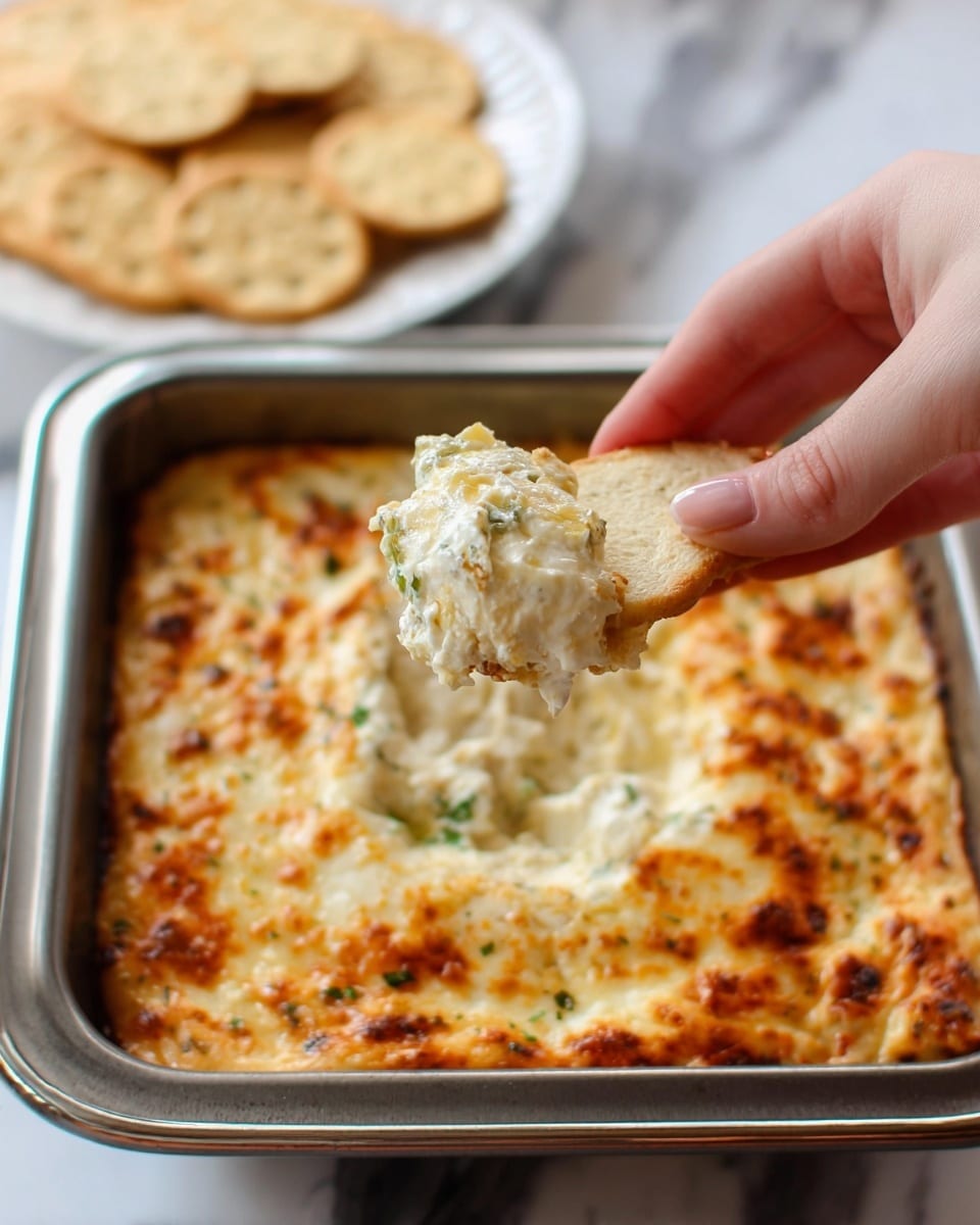 A close-up of a woman's hand holding a piece of light brown, soft bread topped with a thick layer of creamy, golden-brown baked dip that has a slightly browned, bubbly cheese crust on top. The dip is creamy white with small green bits mixed in and sits in a square metal pan filled with the same melted cheese dip showing a golden crust with some browned spots. The background shows a white marbled surface with a white plate that has several crackers on it. photo taken with an iphone --ar 4:5 --v 7