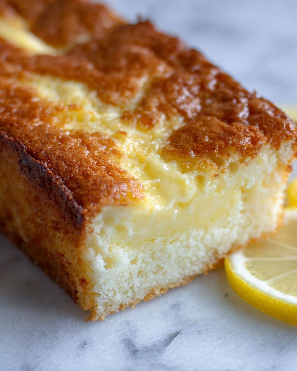 A close-up view of a single-layer square cake with a soft, golden-brown crust on top that has cracks revealing a creamy, light-yellow filling underneath. The texture of the filling looks smooth and slightly custard-like, contrasting with the fluffy, pale base layer that forms the bottom part of the cake. The cake sits on a white marbled surface next to a lemon slice that adds a fresh, bright yellow accent to the image. photo taken with an iphone --ar 4:5 --v 7