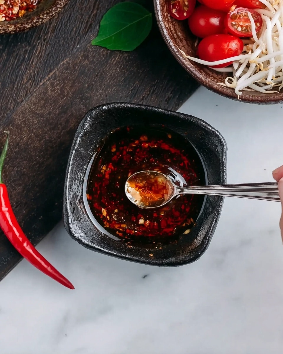 The image shows a small dark square bowl filled with red chili oil, which shines with a slightly oily texture. A silver spoon rests inside the bowl, partially dipped into the chili oil, with visible small chili flakes floating on the surface. To the upper right, part of a white bowl with cherry tomatoes, shredded white cheese, and some light brown food is visible. Near the bowl is a red chili pepper and a small green leaf on the white marbled surface. A woman's hand holds the spoon from above, ready to scoop the chili oil photo taken with an iphone --ar 4:5 --v 7