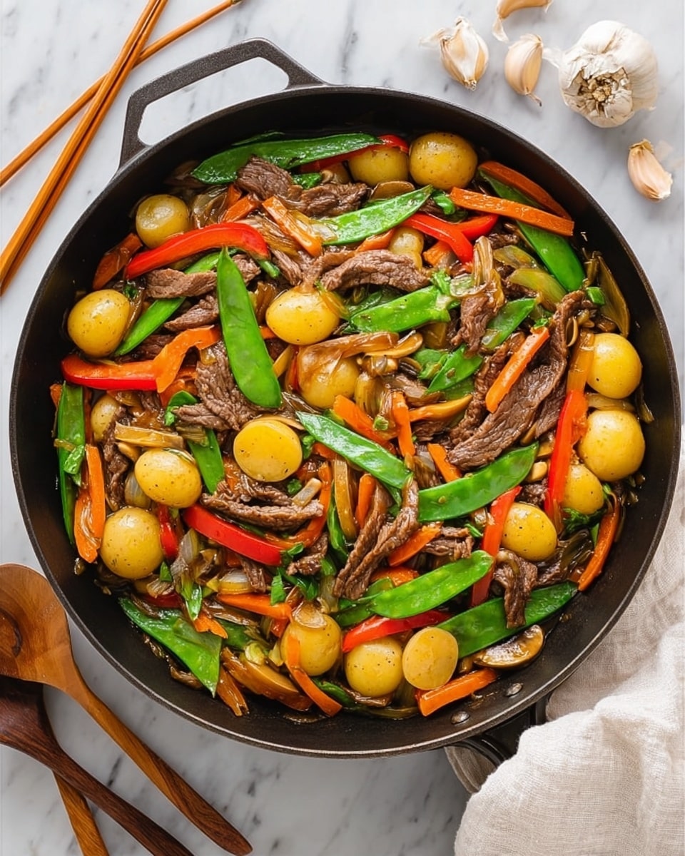 A black pan filled with a colorful stir-fry dish placed on a white marbled surface. The dish has several layers: at the bottom, there are small round yellow potatoes, topped with thin slices of brown beef strips scattered throughout. Mixed among the beef and potatoes are bright green snow peas and thin orange carrot sticks. There are also red bell pepper slices and some light tan pieces of sliced mushrooms spread evenly over the dish. The pan is surrounded by chopsticks on the left and a wooden spoon on the right, with some garlic cloves and a white cloth nearby. Photo taken with an iphone --ar 4:5 --v 7