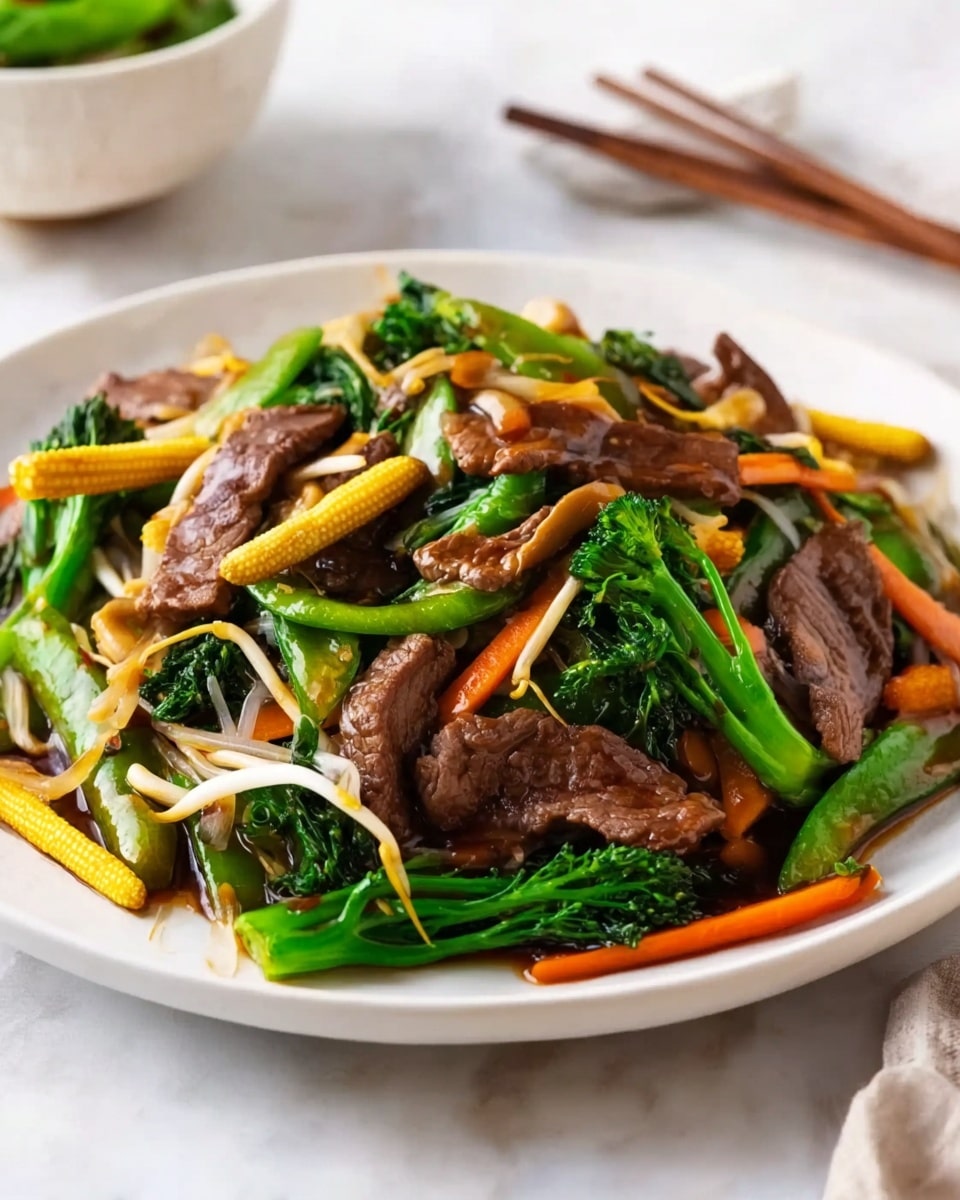 A white plate filled with a colorful stir-fry dish showing multiple layers: on the bottom, a mix of bright green snap peas and broccolini, thin orange carrot sticks, small yellow baby corn, light brown mushrooms, and white bean sprouts spread evenly; scattered on top are medium brown slices of beef with a slightly shiny texture from sauce; the entire dish has a light brown glossy sauce coating. In the background, a white bowl is partially visible on a white marbled surface with a pair of brown chopsticks resting nearby. Photo taken with an iphone --ar 4:5 --v 7