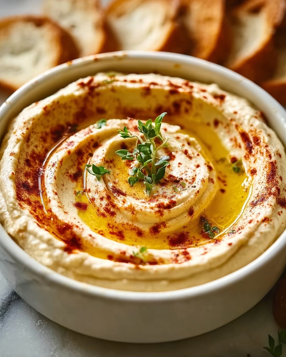 The image shows a close-up of creamy hummus in a round white bowl. The hummus is smooth and pale beige, swirled in soft peaks forming gentle ridges on the surface. A drizzle of golden olive oil pools in the swirl’s valleys, adding a shiny, wet texture. Red paprika powder is sprinkled unevenly on top, adding warm color contrast. A small fresh green sprig of thyme sits in the center, giving a touch of natural vibrance. The bowl rests on a white marbled texture, adding a clean, bright setting. photo taken with an iphone --ar 4:5 --v 7