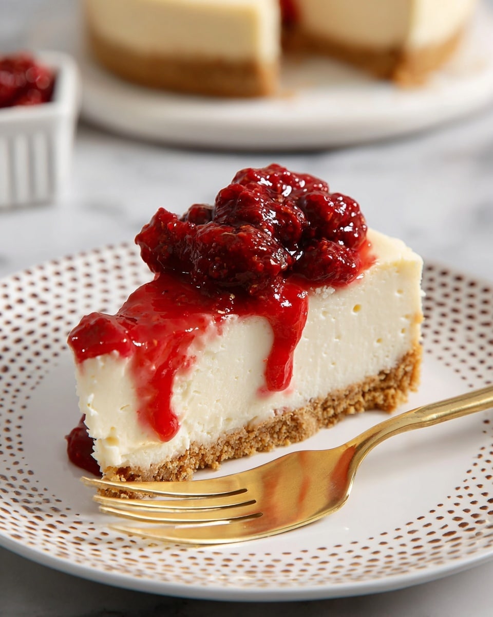 A slice of cheesecake has three layers: a crumbly light brown crust at the bottom, a thick creamy off-white middle layer, and a glossy red berry topping with whole and crushed berries dripping slightly down the side. The slice is placed on a white plate with a subtle gold pattern around the edge. A gold fork rests on the plate near the cheesecake. The scene is set on a white marbled textured surface with a blurred background showing more cheesecake slices on a white plate. Photo taken with an iphone --ar 4:5 --v 7