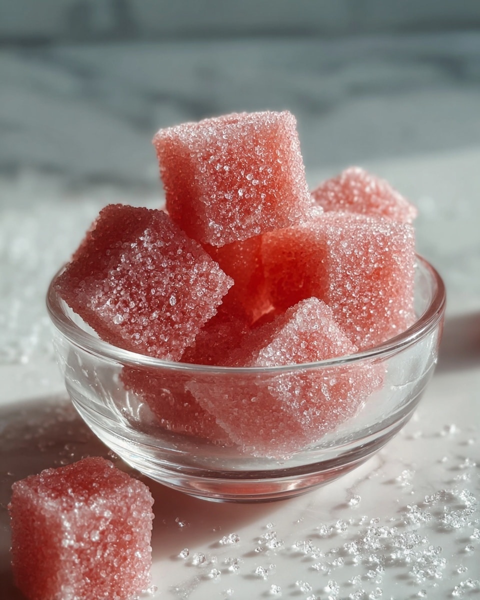 A clear glass bowl holds nine pink sugar cubes, each cube frosted with a layer of sparkling sugar crystals that catch the light, making them look slightly shiny and textured. The cubes are stacked loosely, with some leaning on each other inside the bowl, and one pink sugar cube sits alone out of the bowl on a white marbled surface, along with scattered sugar granules around the bowl. The light shines warmly from the side, casting soft shadows and highlighting the rough sugar texture on the cubes. photo taken with an iphone --ar 4:5 --v 7