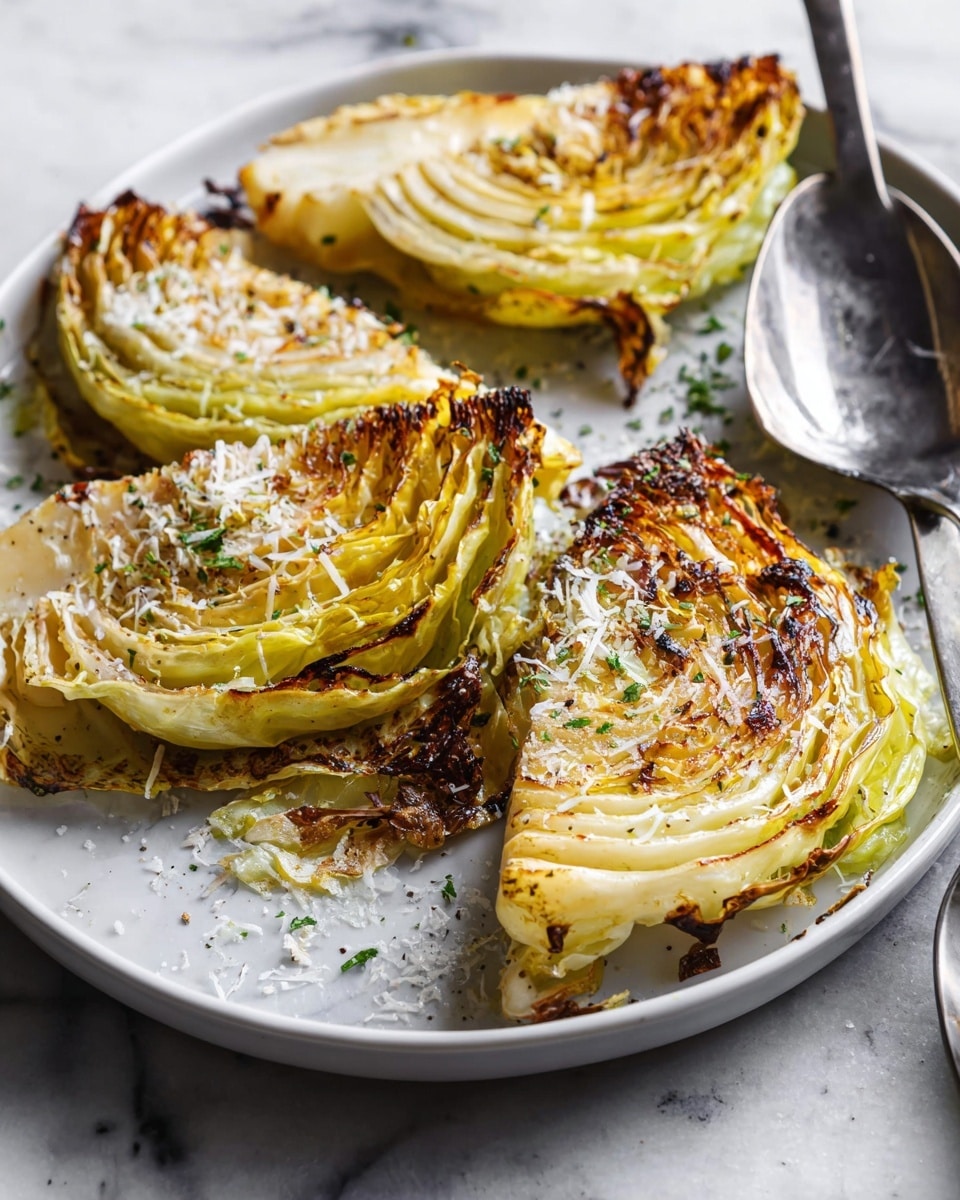 The image shows several wedges of roasted cabbage on a metal baking sheet. Each wedge has about 4 to 5 layers showing, with the outer layers charred dark brown and slightly shriveled, while the inner layers range from pale yellow to light green and look soft and cooked. The cabbage wedges are sprinkled with bits of green herbs and small brown garlic-like pieces. The baking sheet has some roasted oil and seasoning scattered around. The background is a white marbled texture. Photo taken with an iphone --ar 4:5 --v 7