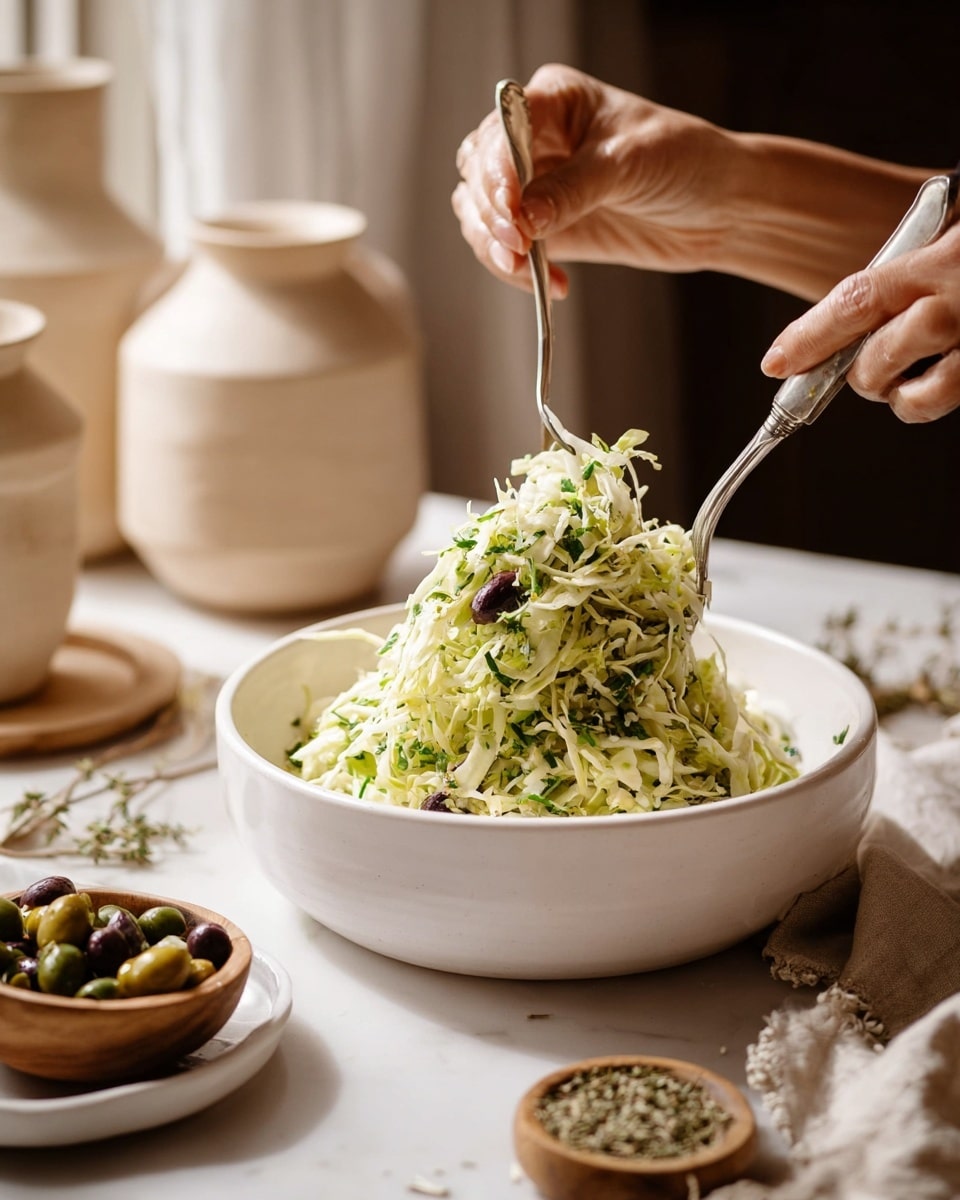 A white bowl filled with a mixed green salad featuring finely shredded light green cabbage, bright green herbs, and small bits of darker green leaves. The salad has a fresh, slightly wet texture with visible seasoning specks. Two gold forks are held by a woman's hand, lifting and mixing the salad. The bowl sits on a white marbled surface with a soft focus background hinting at kitchen items. photo taken with an iphone --ar 4:5 --v 7
