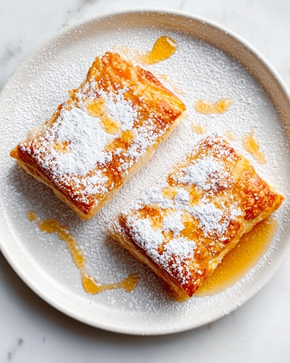 The image shows two rectangular pieces of golden-brown pastry with a flaky texture placed side by side on a white plate. Each piece is topped with a generous layer of white powdered sugar sprinkled evenly, creating a soft contrast with the shiny, slightly crispy surface of the pastry. A light drizzle of amber-colored syrup is spread over the top, adding a glossy finish and slight stickiness. The plate is set on a white marbled surface, highlighting the warm colors of the pastry and syrup. photo taken with an iphone --ar 4:5 --v 7