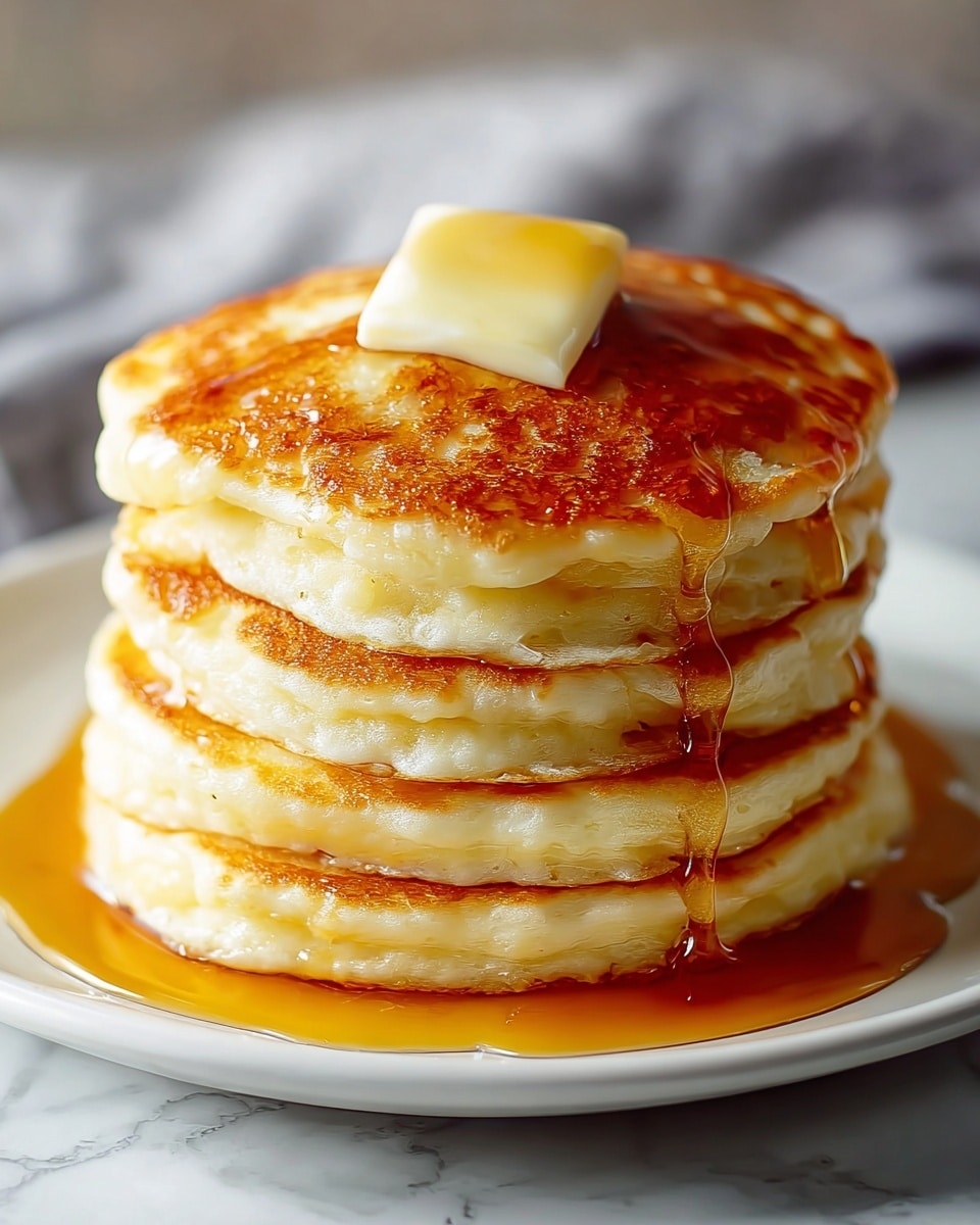 A tall stack of eight golden-brown pancakes is shown on a white plate, each pancake thick and fluffy with a soft, porous texture inside and slightly crispy edges. The stack has a shiny, melted pat of butter on top with honey or syrup slowly dripping down all sides, pooling at the bottom on the plate. A metal fork holds a piece cut out from the stack near the front, showing the layers clearly. The scene is set on a white marbled surface with a blurred white cup of coffee in the background. Photo taken with an iphone --ar 4:5 --v 7