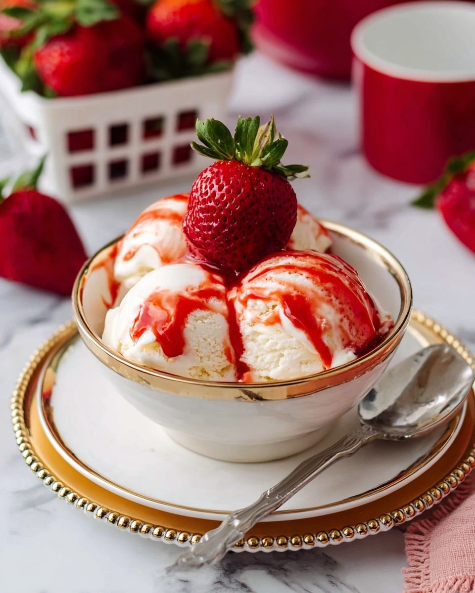 A woman's hand is pouring bright red strawberry sauce from a clear glass jug onto creamy white vanilla ice cream in a white bowl with a golden rim. The ice cream has soft, round scoops with smooth texture, and the sauce cascades over the top, creating shiny red streaks and pooling slightly at the base. In the background, fresh red strawberries sit in a white container on a white marbled texture, adding a natural touch. The scene is bright and close-up, focusing on the vivid contrast between the red sauce, white ice cream, and gold-trimmed bowl. photo taken with an iphone --ar 4:5 --v 7