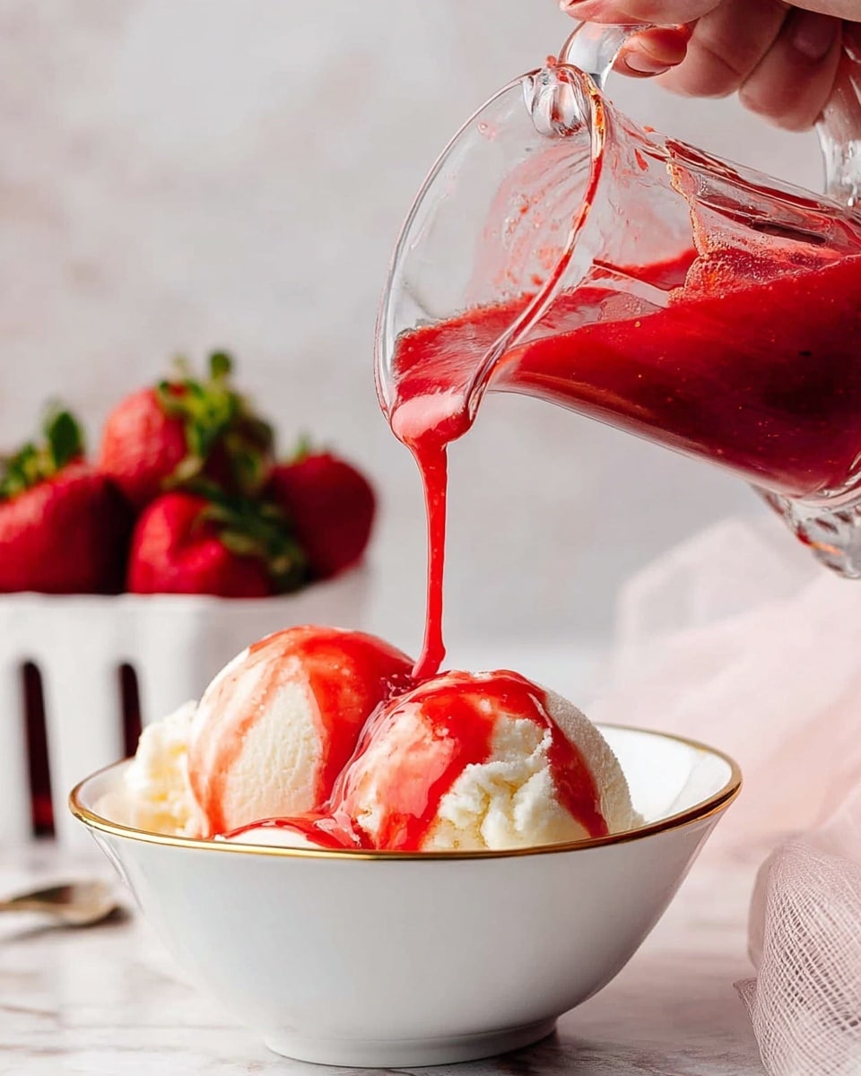 A white bowl with a gold rim sits on a white plate with a gold beaded edge, filled with three scoops of creamy white ice cream topped with a drizzle of bright red strawberry sauce. On top, a fresh whole strawberry with its green leaves rests at the center. The bowl is on a white marbled surface, and next to it is a shiny silver spoon. In the background, a white basket holds more fresh strawberries, and a red container is slightly blurred. photo taken with an iphone --ar 4:5 --v 7