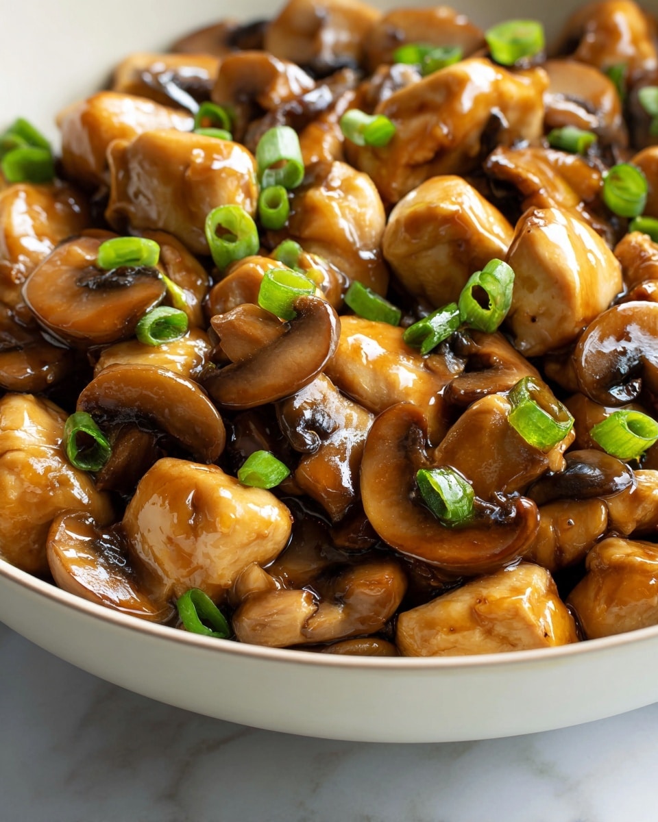 The dish shows a close-up view of a mix of golden-brown chicken pieces and sautéed brown mushrooms in a dark, glossy sauce. The chicken pieces are tender with a slightly shiny, caramelized surface, scattered evenly throughout the dish. The sliced mushrooms have a soft texture with rich browns and lighter beige edges, blending smoothly with the chicken. There are small green onion slices sprinkled on top, adding a fresh green contrast to the warm colors. All the ingredients sit in a white bowl placed on a white marbled surface. Photo taken with an iphone --ar 4:5 --v 7