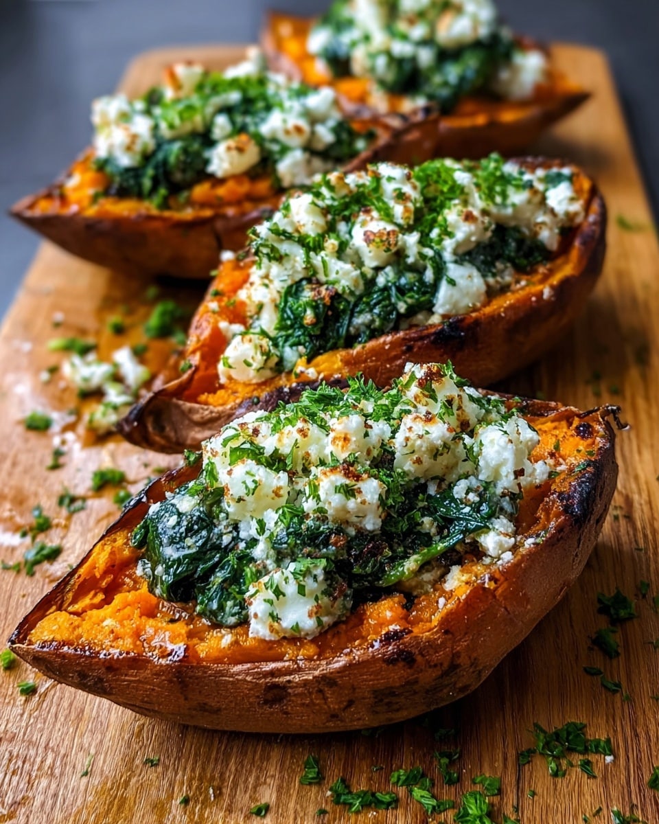 The image shows four halves of roasted sweet potatoes arranged on a wooden board. Each sweet potato half has three layers: the bottom layer is the soft, bright orange roasted potato flesh; the middle layer is a dark green spinach filling that looks cooked and wilted; on top, there is a crumbly white cheese sprinkled with finely chopped fresh green herbs, giving a slightly browned and textured appearance. There are extra bits of chopped herbs scattered around on the board. The light highlights the rich colors and textures well. photo taken with an iphone --ar 4:5 --v 7