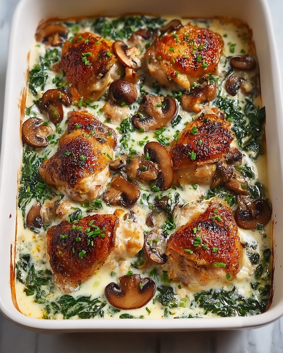 The dish is a baked casserole with four browned chicken thighs placed evenly in a white rectangular dish. The first layer is a creamy white sauce mixed with dark green cooked spinach, covering the entire base. On top, the chicken thighs have a golden-brown, crispy skin with visible herbs and seasoning. Scattered around and over the chicken are sliced brown mushrooms with a soft, cooked texture. The overall look is moist and hearty with varied textures of creamy, tender chicken, and sautéed vegetables. The dish is placed on a white marbled surface. photo taken with an iphone --ar 4:5 --v 7