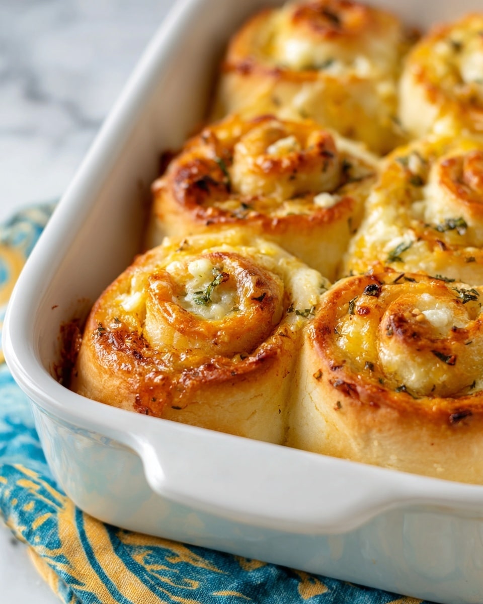 A white baking dish holds nine golden brown rolls arranged closely together, each shaped in a spiral with a slightly crispy top layer showing hints of melted cheese and herbs. The rolls have a soft, fluffy texture with visible layers of dough and cheese stuffing inside. The edges of the rolls are round and puffed up, with a light sheen from baking. The dish sits on a white marbled surface with a yellow and blue patterned cloth underneath. Photo taken with an iphone --ar 4:5 --v 7