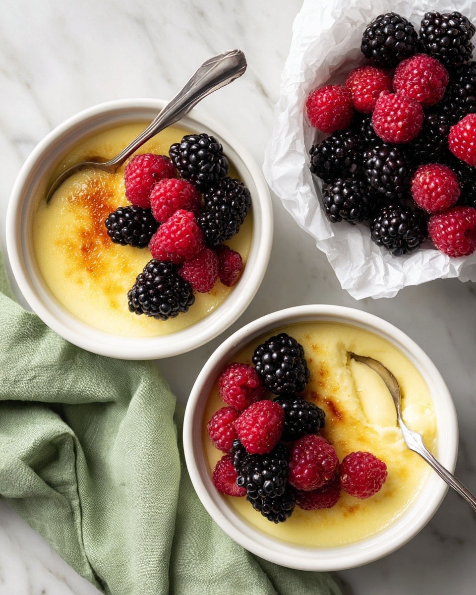 The image shows a white bowl filled with a creamy yellow custard dessert with a smooth, slightly browned top layer sprinkled with light brown cinnamon powder. A spoon is partially scooping out a section of the soft custard, revealing its creamy and smooth texture underneath the browned top. The bowl has handles on each side and sits on a green and white checkered cloth over a white marbled surface. Photo taken with an iphone --ar 4:5 --v 7