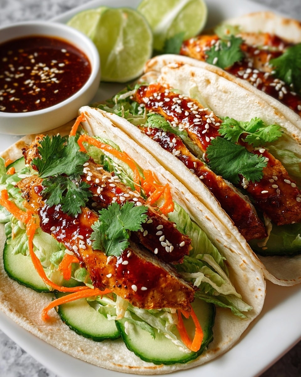 Two soft folded tacos sit on a white plate over a white marbled surface. Each taco has one layer of white, slightly toasted flatbread, topped with shredded light green cabbage and thin orange carrot strips. On top of the vegetables are slices of fresh green cucumber and bright green cilantro leaves. The main focus is a layer of glazed grilled chicken strips, deep reddish-brown with sesame seeds sprinkled on top. Lime halves, light green and juicy, are placed around the tacos on the plate. In the background, there is a small white bowl filled with thick dark red sauce that has visible chili flakes. The colors are fresh and vibrant, showing a mix of textures from soft to crisp. Photo taken with an iphone --ar 4:5 --v 7