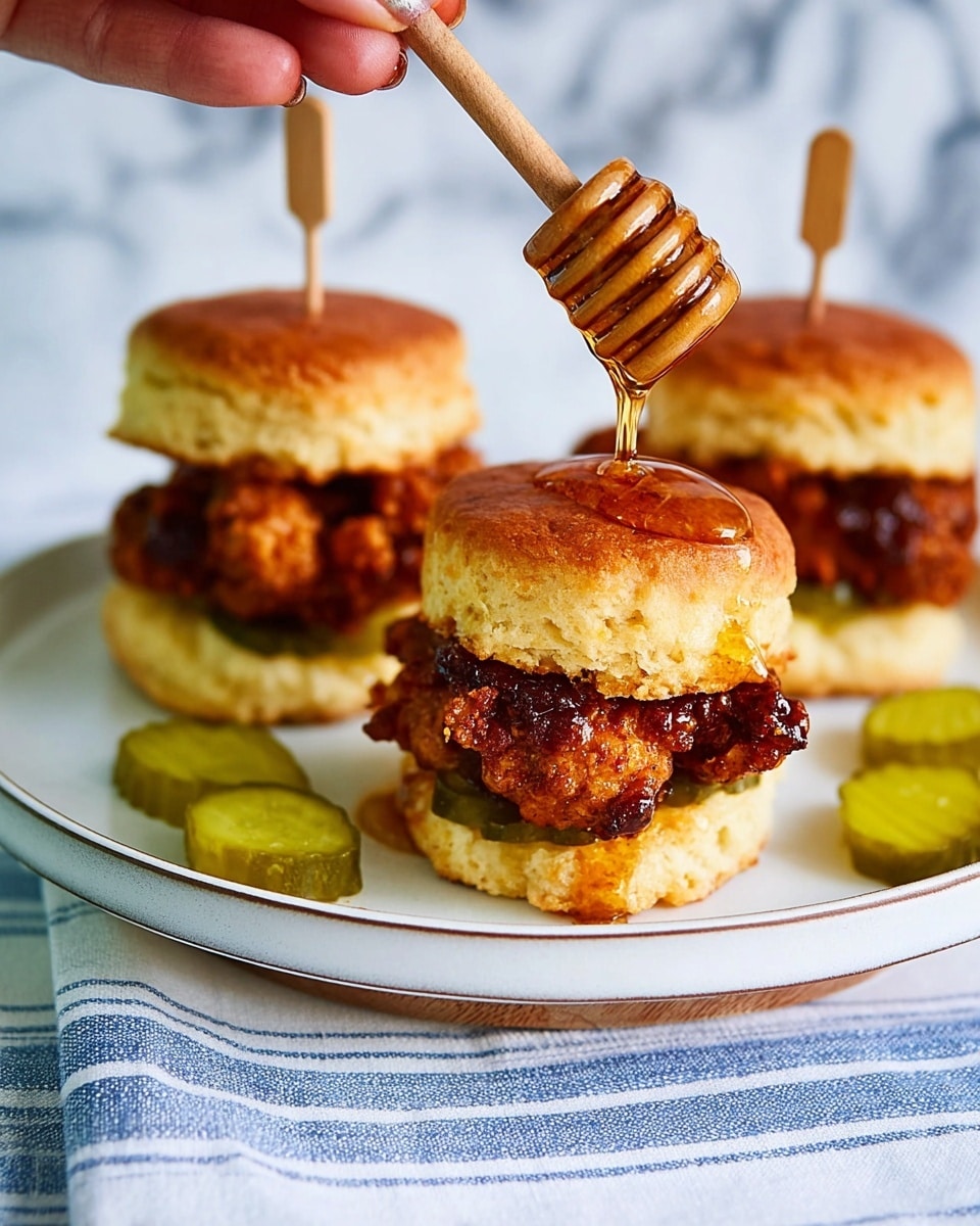 Three small fried chicken sliders are placed on a round white plate, each made of two golden biscuit layers with crispy, dark brown fried chicken in the middle. Each slider is held together with a wooden skewer. Green pickle slices are placed around the sliders on the plate. Above one slider, a wooden honey dipper held by a woman's hand drips honey onto the chicken. The plate rests on a cloth with blue and white stripes, and the background shows a white marbled texture. photo taken with an iphone --ar 4:5 --v 7