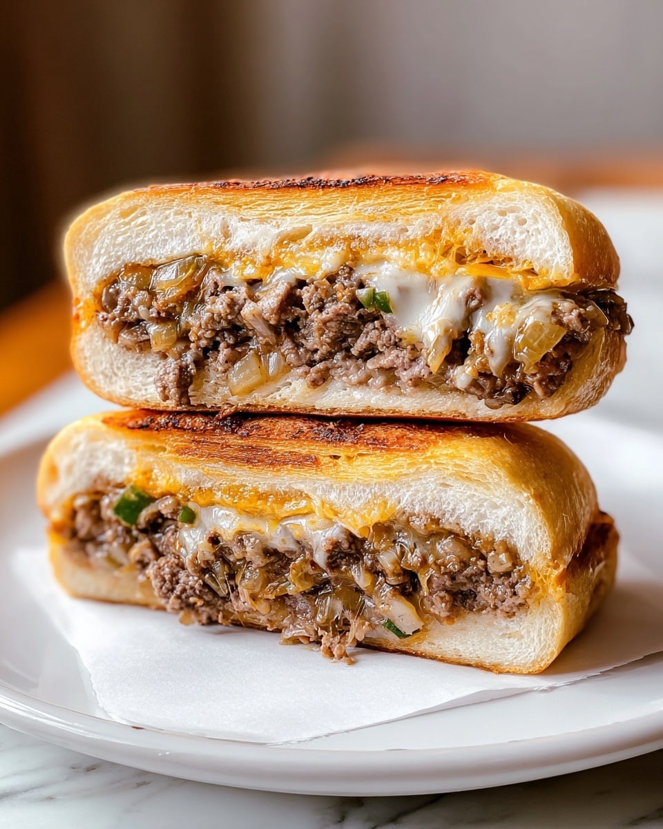 Two halves of a sandwich stacked on each other on white marbled surface, each with a golden brown toasted bread outer layer showing a soft, airy inside. Inside are at least three visible layers: a bottom layer of cooked shredded meat with a slightly crispy texture, a middle layer of melted cheese with a creamy white color, and a top layer of mixed vegetables including small orange carrot pieces and green leafy bits. The sandwich looks juicy and well-filled, with some dark caramelized spots on the meat and vegetables, giving a rich, savory appearance. photo taken with an iphone --ar 4:5 --v 7