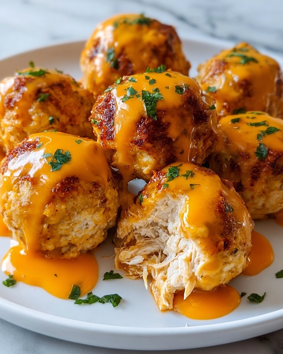 The dish shows several round chicken balls, arranged closely on a white plate set on a white marbled surface. Each ball has a crispy golden-brown outer crust and is topped with a bright orange sauce that drips down their sides. One chicken ball is cut open, revealing tender, shredded white chicken inside. Small green herb pieces are sprinkled on the chicken balls and plate, adding a touch of color contrast. The texture of the crust looks crunchy while the sauce looks creamy and smooth. Photo taken with an iphone --ar 4:5 --v 7