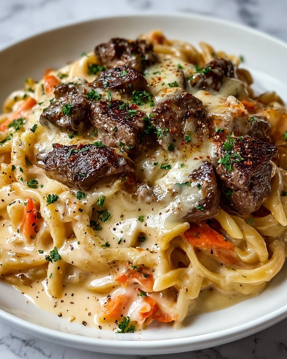 A white plate holds a creamy pasta dish with three clear layers: the bottom layer has thick, light yellow noodles mixed with cooked orange carrot strips; the middle layer features juicy, medium-cooked steak pieces with a brown and pink texture; the top layer is covered with melted cheese that has golden brown spots from broiling, sprinkled with fresh chopped green parsley and black pepper flakes. The whole dish sits on a white marbled surface. Photo taken with an iphone --ar 4:5 --v 7
