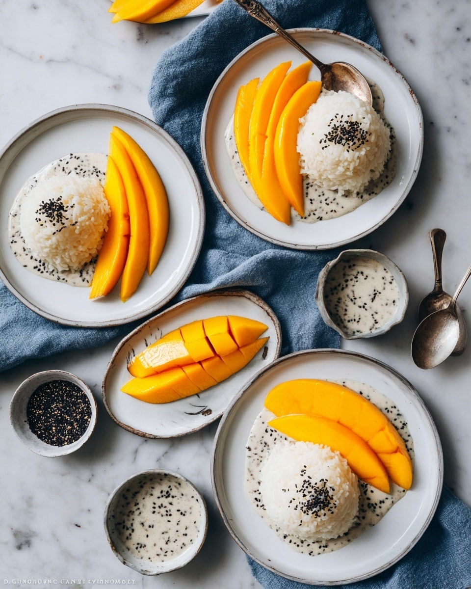 A dessert served in a white bowl with a smooth, light brown outer surface shows two main parts: a mound of sticky white rice in the left half, topped with small black sesame seeds and covered lightly with white coconut milk, which fills the bottom of the bowl; and on the right half, several thin, bright orange mango slices are neatly arranged in a row, also topped with scattered black sesame seeds. A small antique silver spoon with detailed designs rests along the edge of the bowl on the left side, all placed on a white marbled surface. photo taken with an iphone --ar 4:5 --v 7