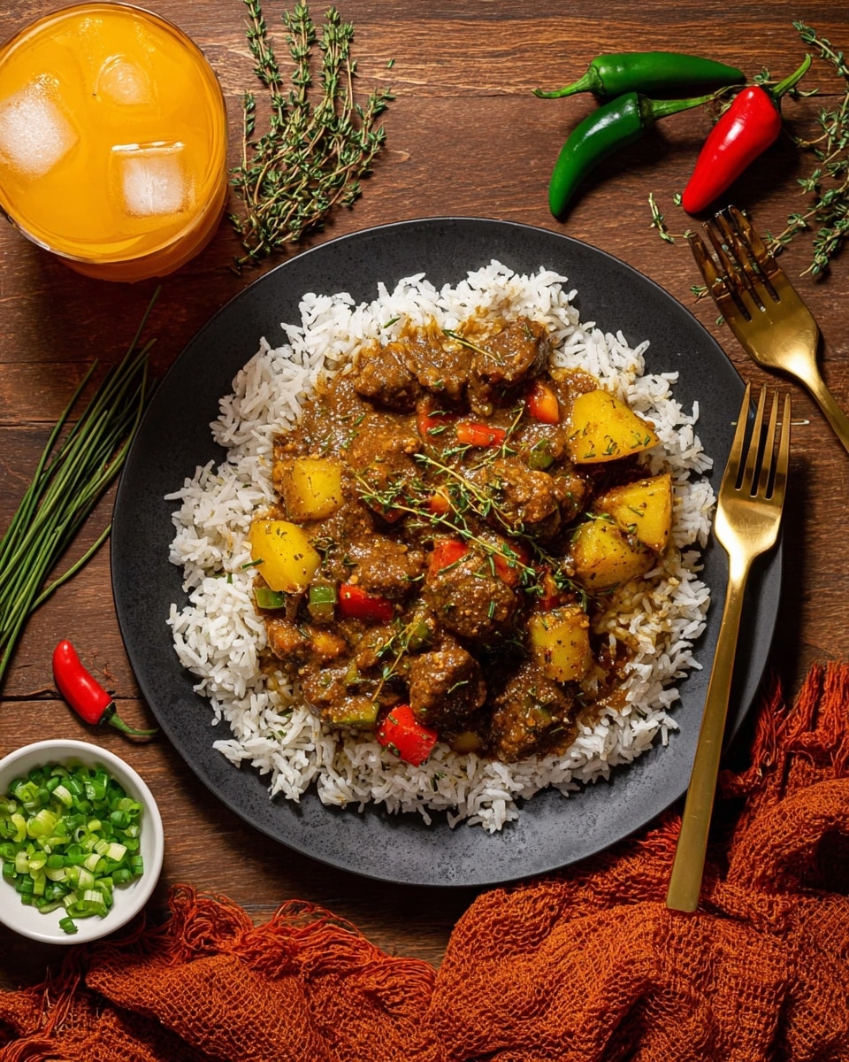 A deep black round plate holds a generous serving of white rice as the base layer, with glossy, dark brown chunks of stewed meat and mixed vegetables like orange carrots, yellow potatoes, and red bell peppers spread evenly on top. The stew has a rich, thick sauce coating the meat and vegetables, with visible herbs and spices adding texture. Two gold-colored forks rest on opposite sides of the plate, partially buried in the food. Around the plate, small green herbs and chopped scallions add a fresh touch on a white marbled surface. photo taken with an iphone --ar 4:5 --v 7