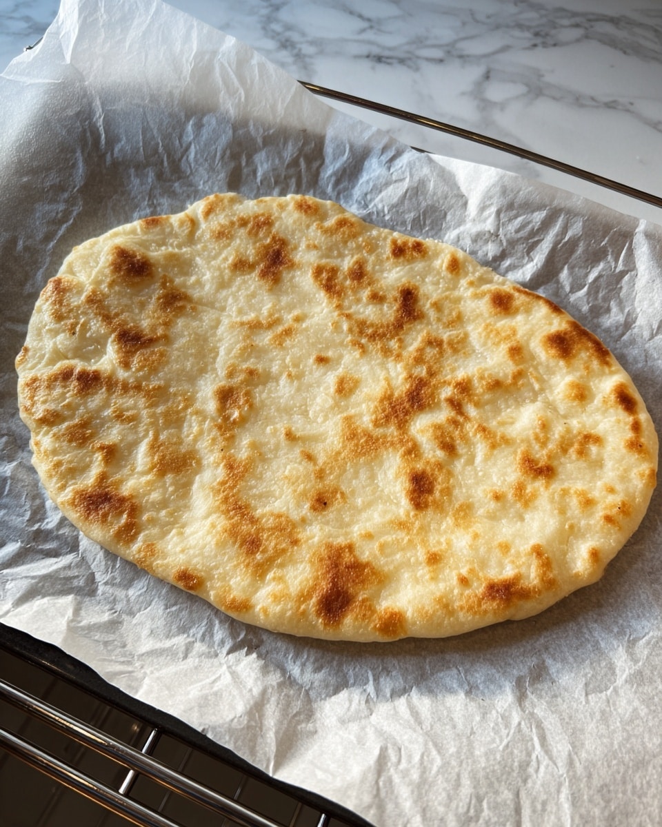 The image shows a single piece of flatbread baking in an oven, laid flat on crinkled white parchment paper. The flatbread is oval-shaped with a light golden-brown color that has some darker toasted spots scattered across its surface, giving it a slightly uneven textured look. The bread's surface appears slightly bubbled and soft with a smooth, thin edge that blends smoothly into the center. The oven rack is visible above the bread with a shiny metal finish, and the overall background has a white marbled texture. photo taken with an iphone --ar 4:5 --v 7