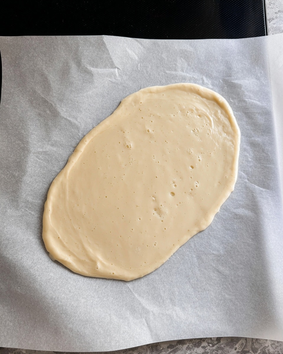 The image shows a single, smooth layer of light beige batter spread irregularly on a sheet of parchment paper. The batter is glossy and slightly thick with tiny bubbles across the surface, spread out in an oval shape on the white marbled texture beneath. The edges of the batter are uneven and thin, blending softly into the parchment paper that covers a black stovetop. Photo taken with an iphone --ar 4:5 --v 7