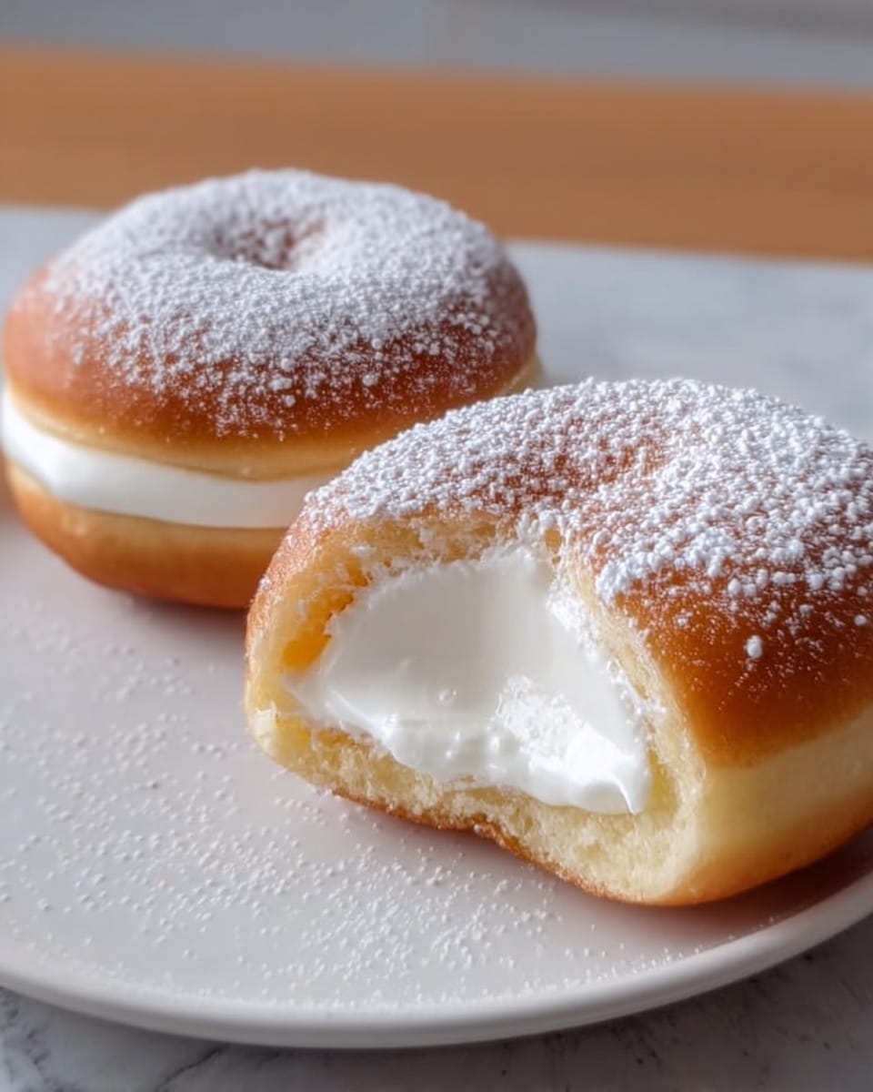 Two round doughnuts with a soft golden-brown outer layer dusted with white powdered sugar sit on a white square plate. Each doughnut is cut in half, revealing a thick, smooth white cream filling inside. The dough looks light and fluffy with a slightly glossy surface under the powdered sugar. The background is a white marbled texture. photo taken with an iphone --ar 4:5 --v 7