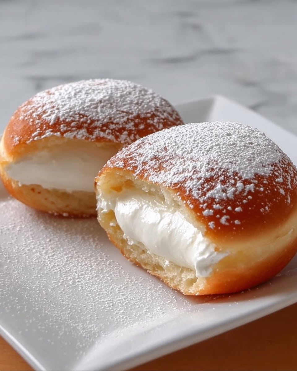 The image shows two round donuts placed side by side on a white plate set on a white marbled surface. Both donuts have a golden-brown outer layer lightly dusted with white powdered sugar on top. The donut on the right is cut in half, revealing a thick, creamy white filling with a smooth texture inside, which looks soft and fluffy. The layers are simple: the golden-brown outer dough, a thin edge of white powdered sugar on top, and the creamy white filling in the middle. Photo taken with an iphone --ar 4:5 --v 7