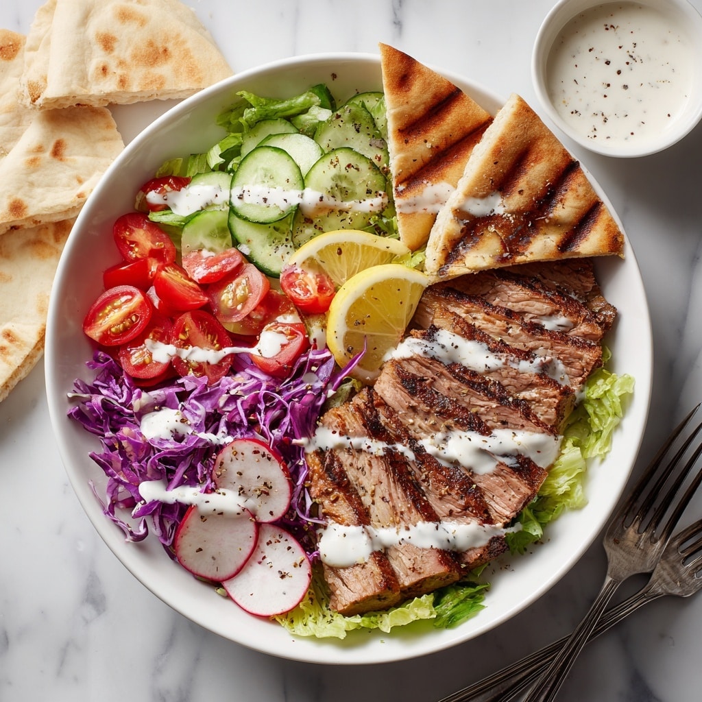 Two wraps placed diagonally on a wooden board with lemon slices behind them, set on a white marbled surface. Each wrap is made of a soft, light beige flatbread with light brown spots. Inside, the bottom layer consists of shredded purple cabbage and fresh green lettuce. On top of that, there are grilled, slightly crispy brown meat slices. Cherry tomato halves with a bright red color and slices of green cucumber add fresh color. White sauce is drizzled over the meat and vegetables, and a sprinkle of crushed black pepper covers the entire filling. The wraps are open at one end, showing all the colorful ingredients inside. photo taken with an iphone --ar 4:5 --v 7