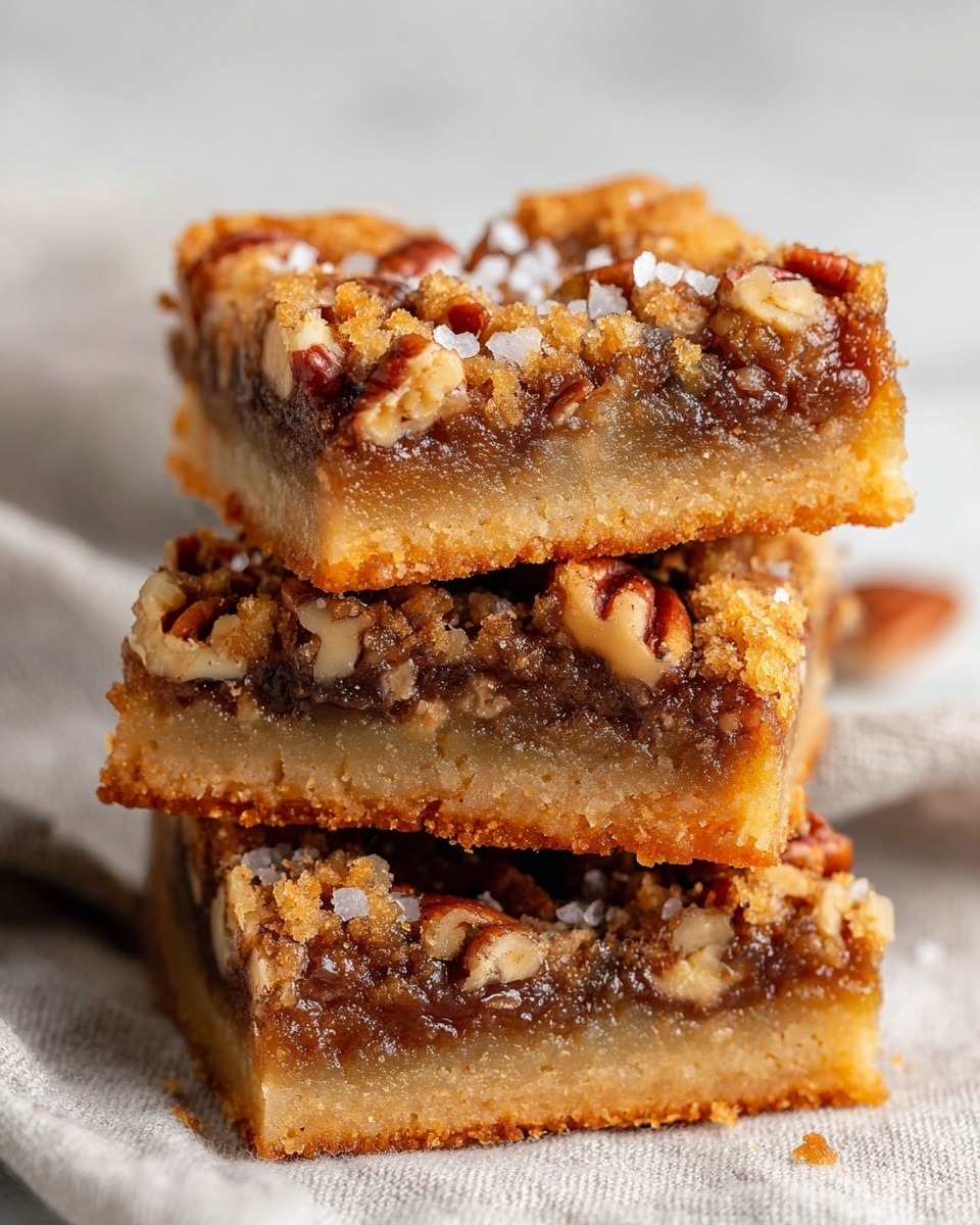 The image shows a close-up of a stack of three pecan bars placed on a light gray cloth over a white marbled surface. Each bar has two visible layers: a thick bottom layer that is golden brown and crumbly, resembling a shortbread crust, and a top layer filled with a rich, sticky mixture of chopped pecans with a dark caramel color, giving a textured and glossy look. The pecan pieces are unevenly scattered and show a mix of lighter and darker nut shades, with some small bits of salt sprinkled on top adding a slight sparkle. The background is softly blurred with a white marbled texture, making the bars the clear focus. photo taken with an iphone --ar 4:5 --v 7