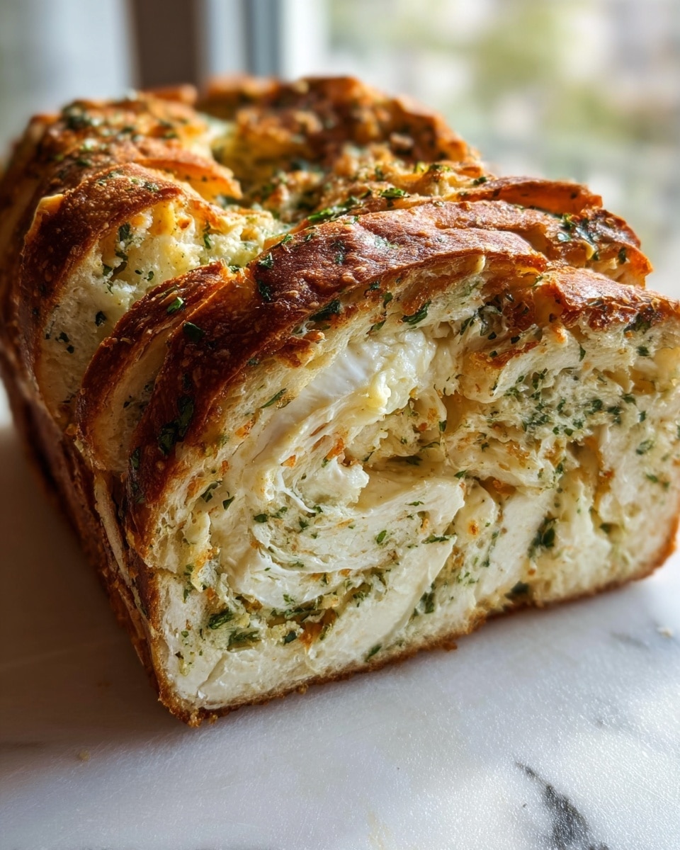 A close-up image of a sliced pull-apart loaf bread showing three main layers: the outer crust, dark golden brown, crispy, and flecked with bits of green herbs and toasted garlic; inside, thick layers of soft, light cream-colored bread swirled with whitish melted cheese mixed with green herbs, evenly spread throughout; the texture looks fluffy and moist with visible specks of herbs. The loaf rests on a white marbled surface, and the background is softly blurred with natural light coming in from a window, adding a warm glow to the bread. Photo taken with an iphone --ar 4:5 --v 7
