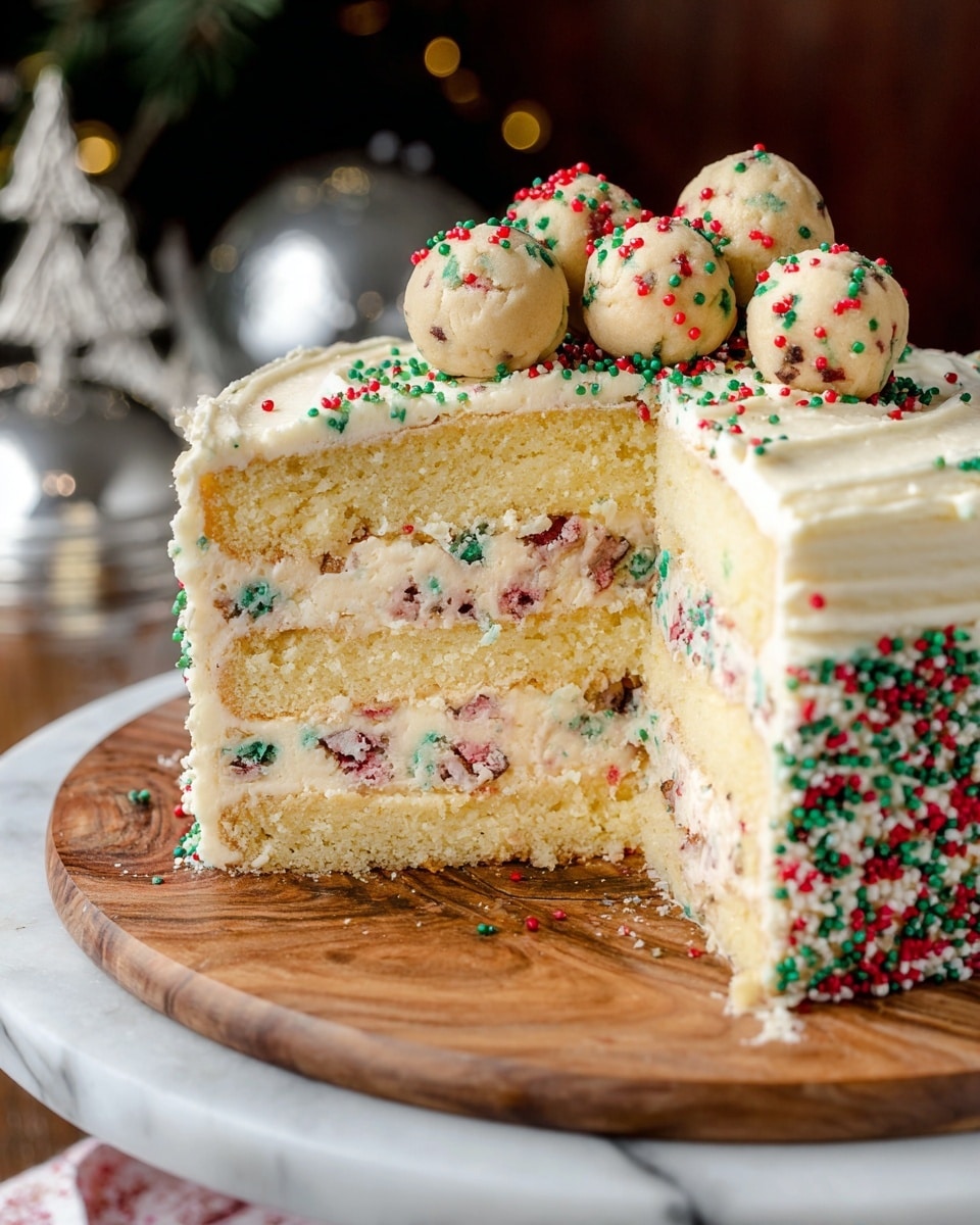 A three-layer vanilla cake with light yellow sponge and white frosting is shown cut to reveal the inside. Between each layer is a creamy white filling dotted with red and green sprinkles, matching the frosting’s colorful sprinkle decoration on top. On the top layer, there are small round cookie dough balls with similar red and green bits, gathered in a loose pile. The cake sits on a round wooden board placed on a white marbled surface. In the background, a silver decorative object and blurred Christmas decor add a festive feel. photo taken with an iphone --ar 4:5 --v 7