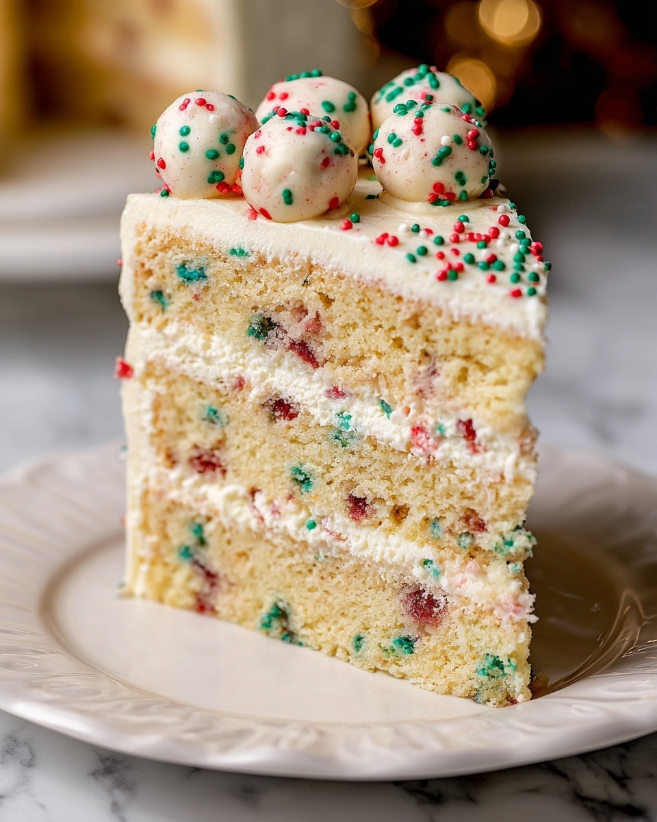 A slice of four-layer yellow cake sits on a white plate with soft curves. Each layer of cake is light yellow and fluffy, separated by three thick layers of creamy white frosting mixed with red, green, and blue sprinkles. The top layer is fully covered in smooth white frosting, decorated with small round red, green, and white sprinkles scattered across. On the top edge, there are several small white dough-like balls with red and green specks, clustered together. The background has a soft focus with a white marbled texture beneath the plate. photo taken with an iphone --ar 4:5 --v 7